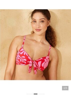Shade & Shore Red and Pink Tie-Front Bandeau  pushup Bikini Top 36 D new